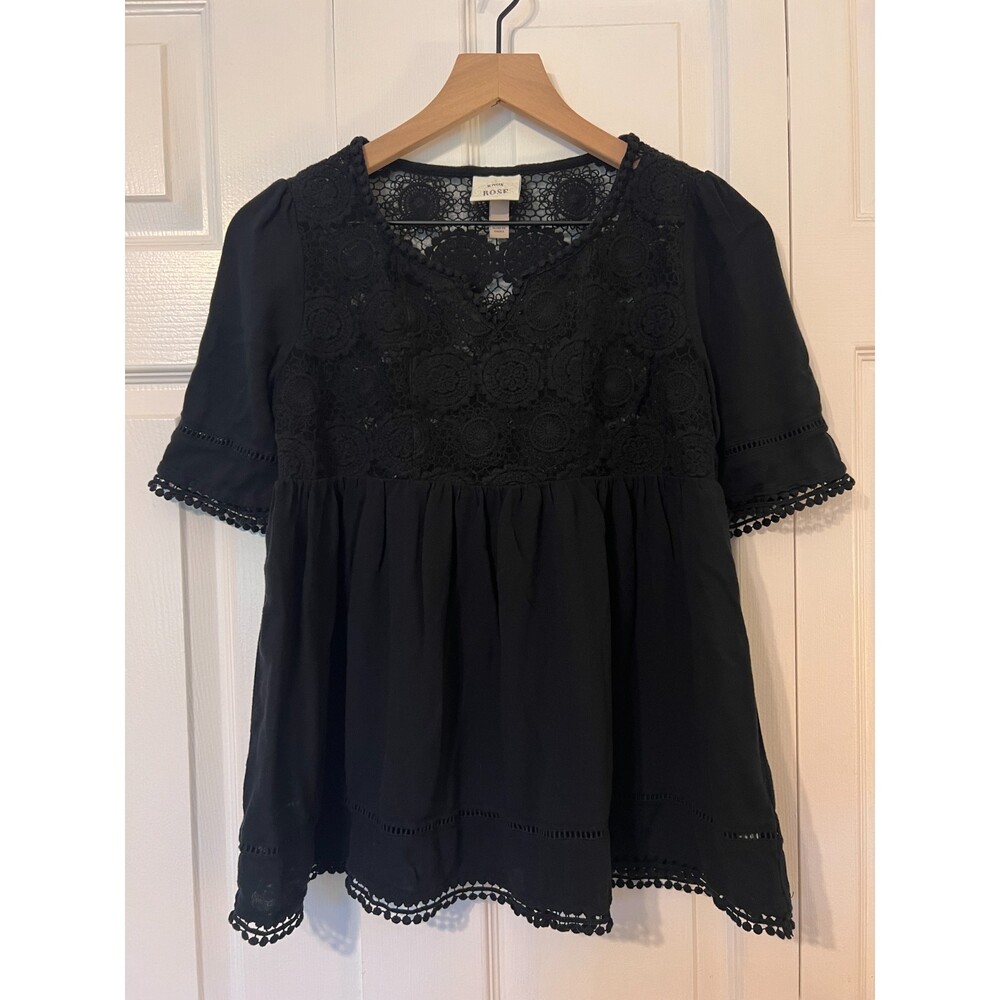 Knox Rose Women's Black Crochet Detail Boho Style Blouse Top Size XS